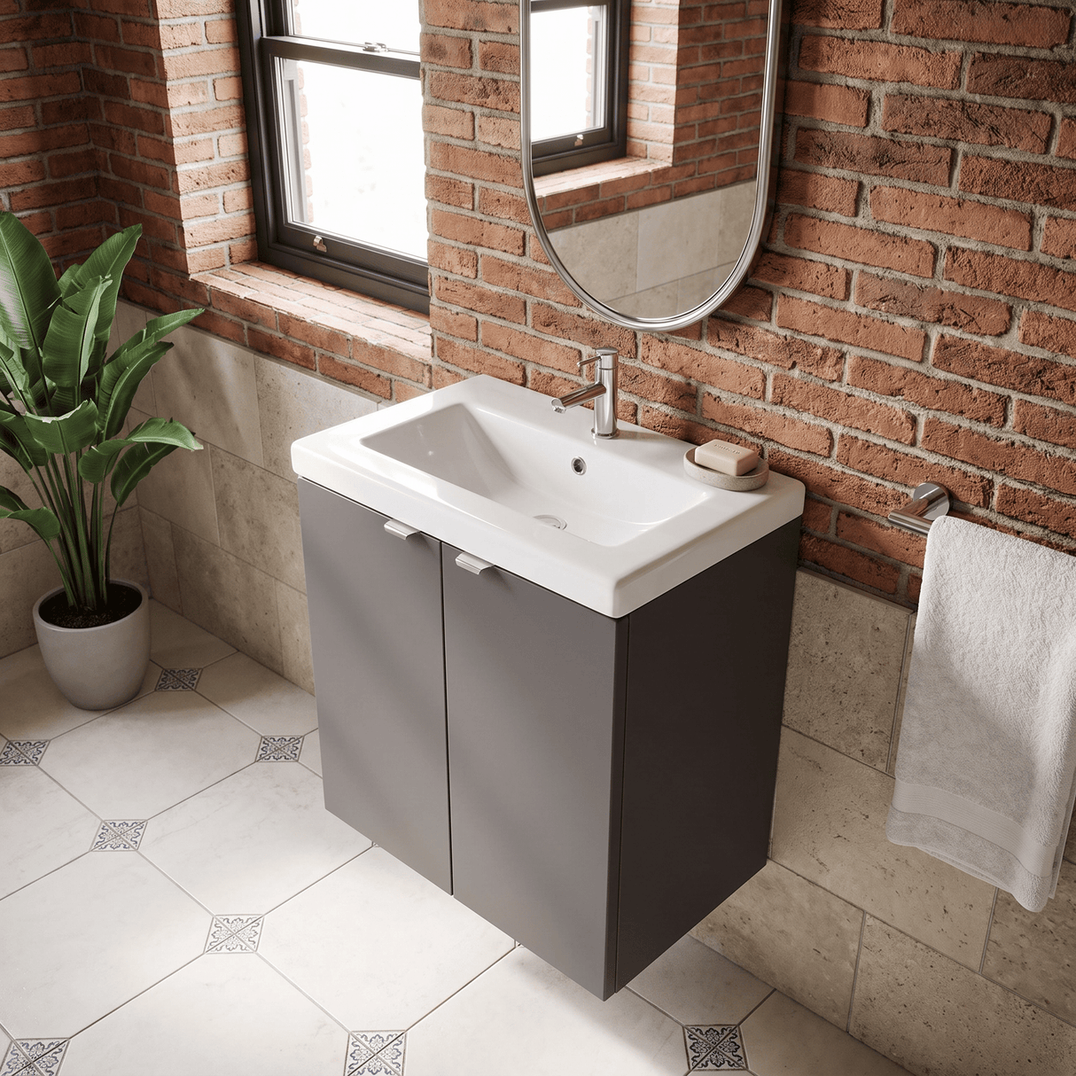[BFDY936A] Alrewas Contemporary 2 Door Wall Hung Vanity Unit with Basin, Gloss Grey, 600mm - Lifestyle 2