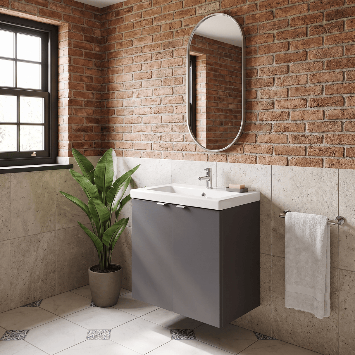 [BFDY936A] Alrewas Contemporary 2 Door Wall Hung Vanity Unit with Basin, Gloss Grey, 600mm - Lifestyle 3