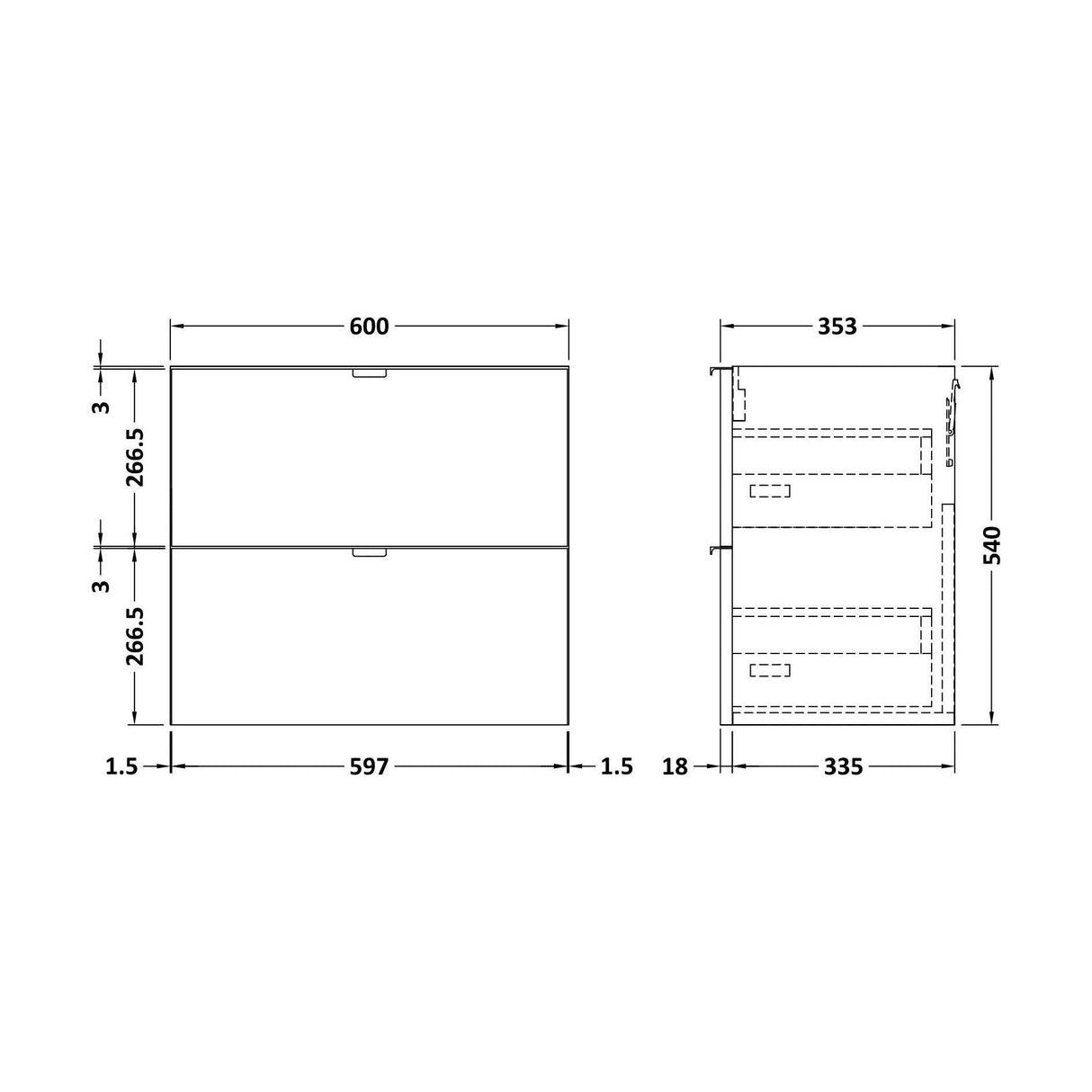 [BFDY937] 600 2-DRAWER WALL HUNG UNIT - Technical Drawing