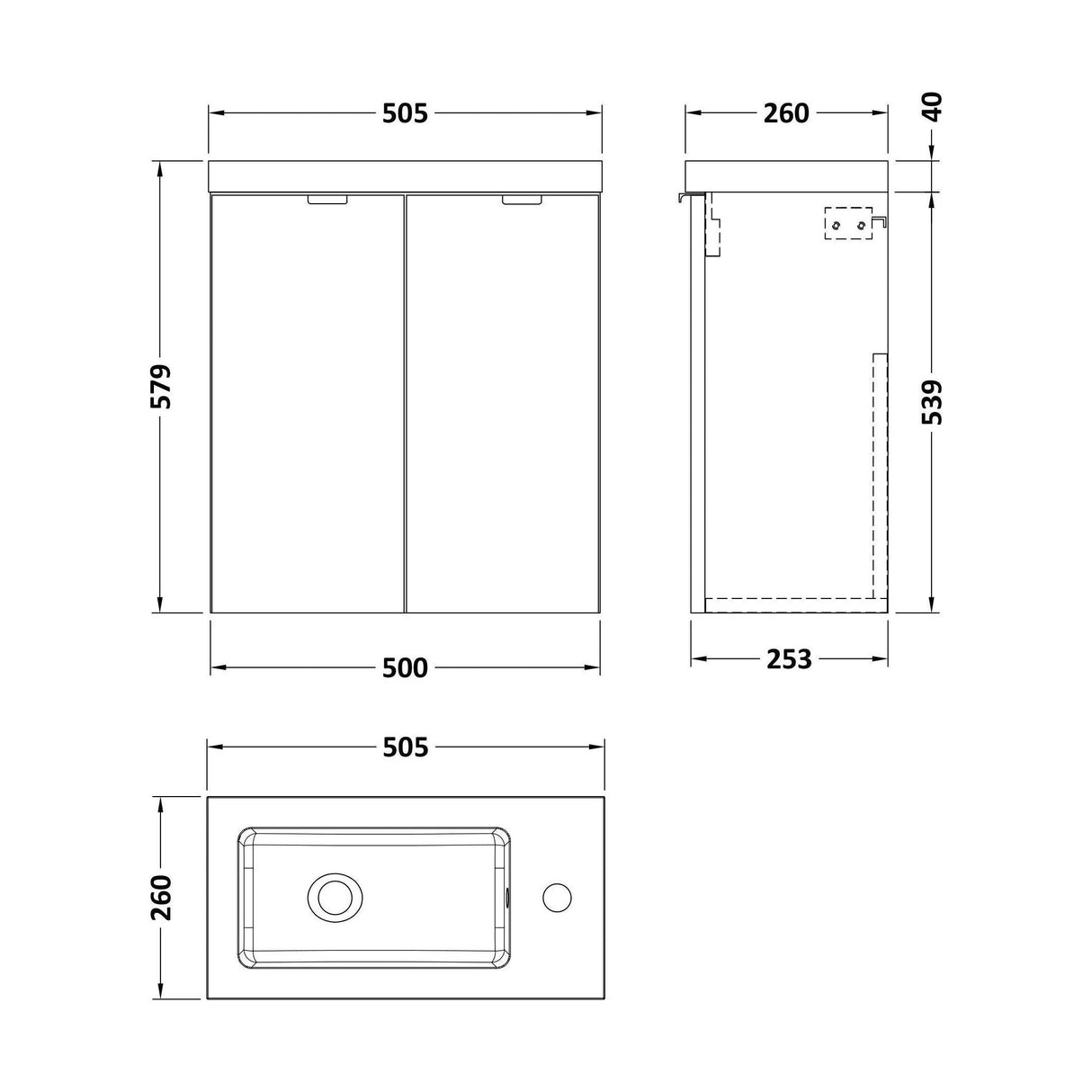 [BFDY938] Alrewas Contemporary 2 Door Wall Hung Vanity Unit with Basin, Gloss Grey, 500mm - Technical Drawing