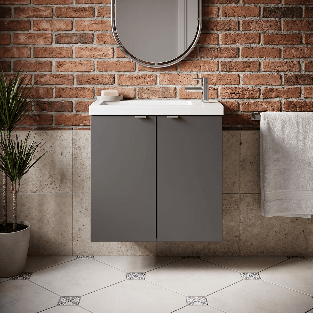 [BFDY938] Alrewas Contemporary 2 Door Wall Hung Vanity Unit with Basin, Gloss Grey, 500mm - Silo