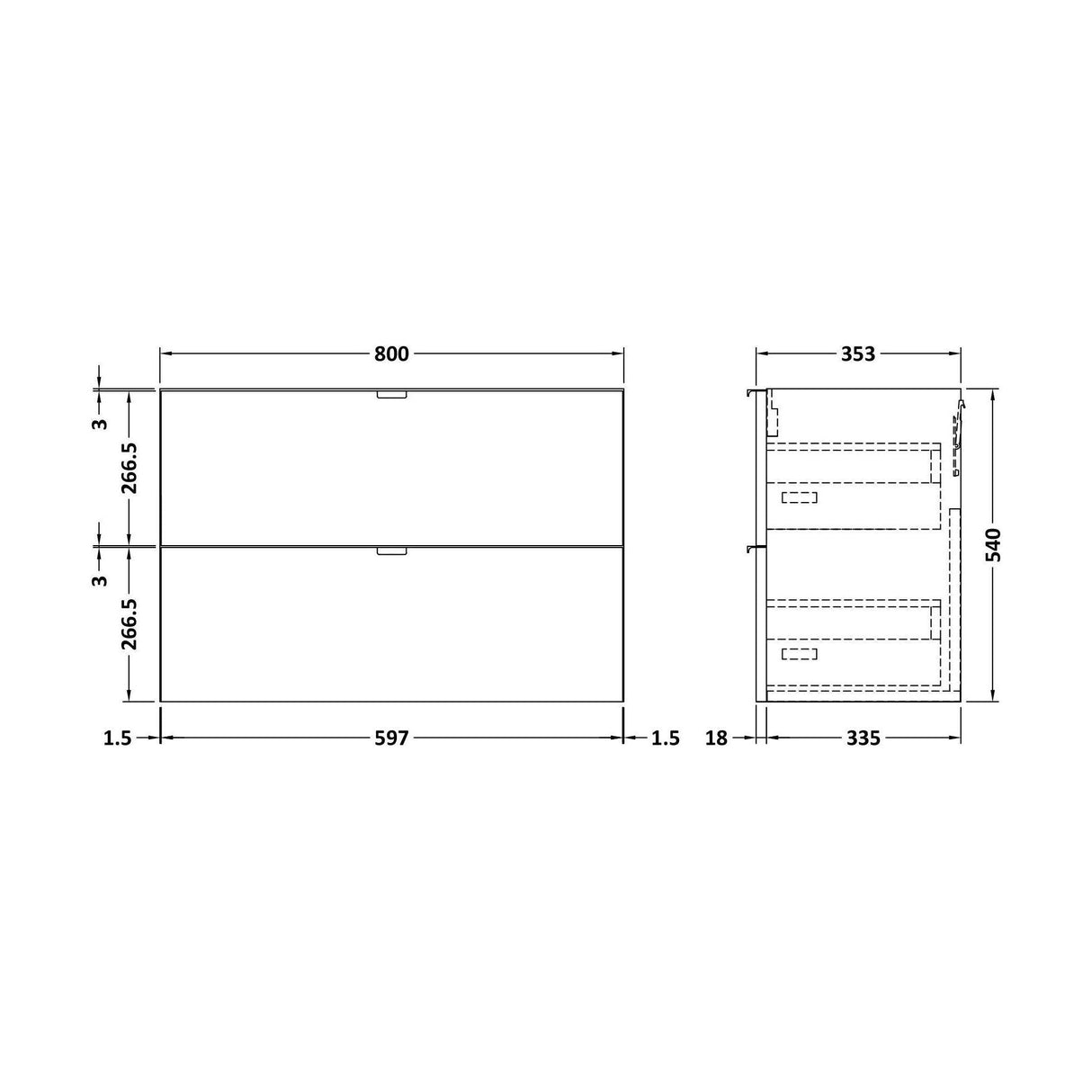 [BFDY939] 800 2-DRAWER WALL HUNG UNIT - Technical Drawing