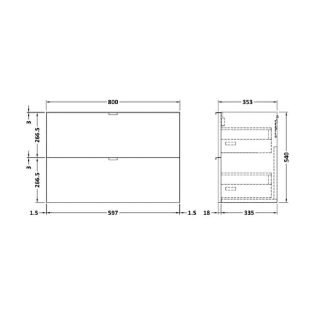 [BFDY939] 800 2-DRAWER WALL HUNG UNIT - Technical Drawing
