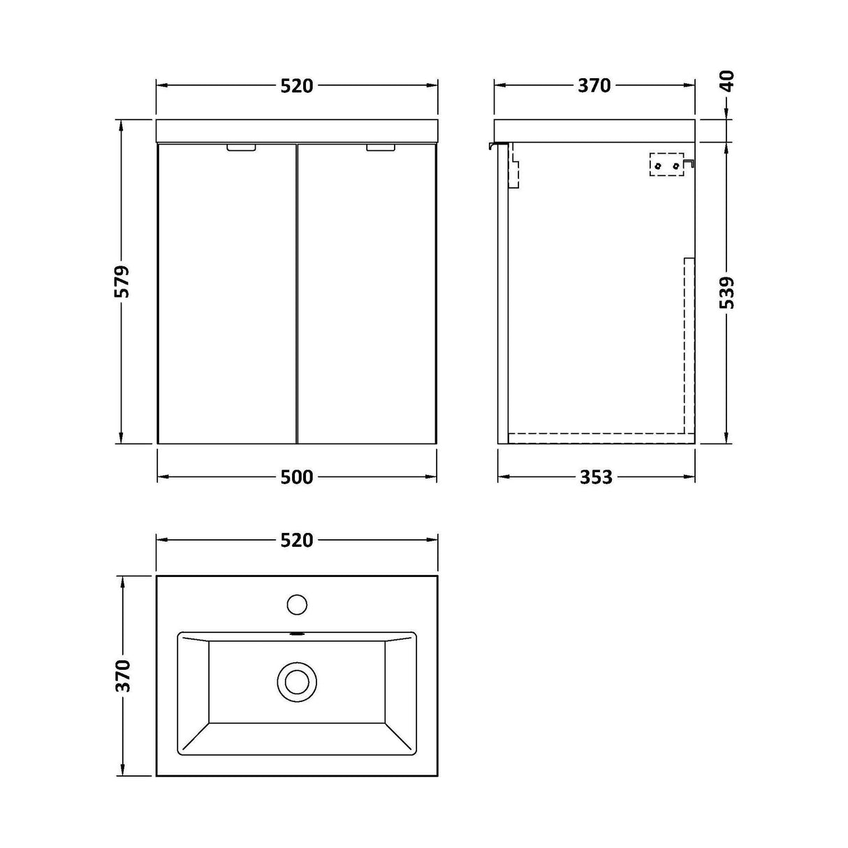 [BFDY940A] Alrewas Contemporary 2 Door Wall Hung Vanity Unit with Ceramic Basin, 500mm, Choice of Colour - Technical Drawing