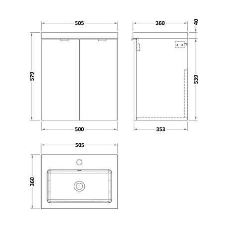 [BFDY940] Alrewas Contemporary 2 Door Wall Hung Vanity Unit with Basin, Gloss Grey, 500mm - Technical Drawing