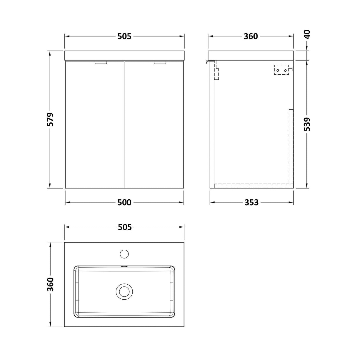 [BFDY940] Alrewas Contemporary 2 Door Wall Hung Vanity Unit with Polymarble Basin, 500mm, Choice of Colour - Technical Drawing