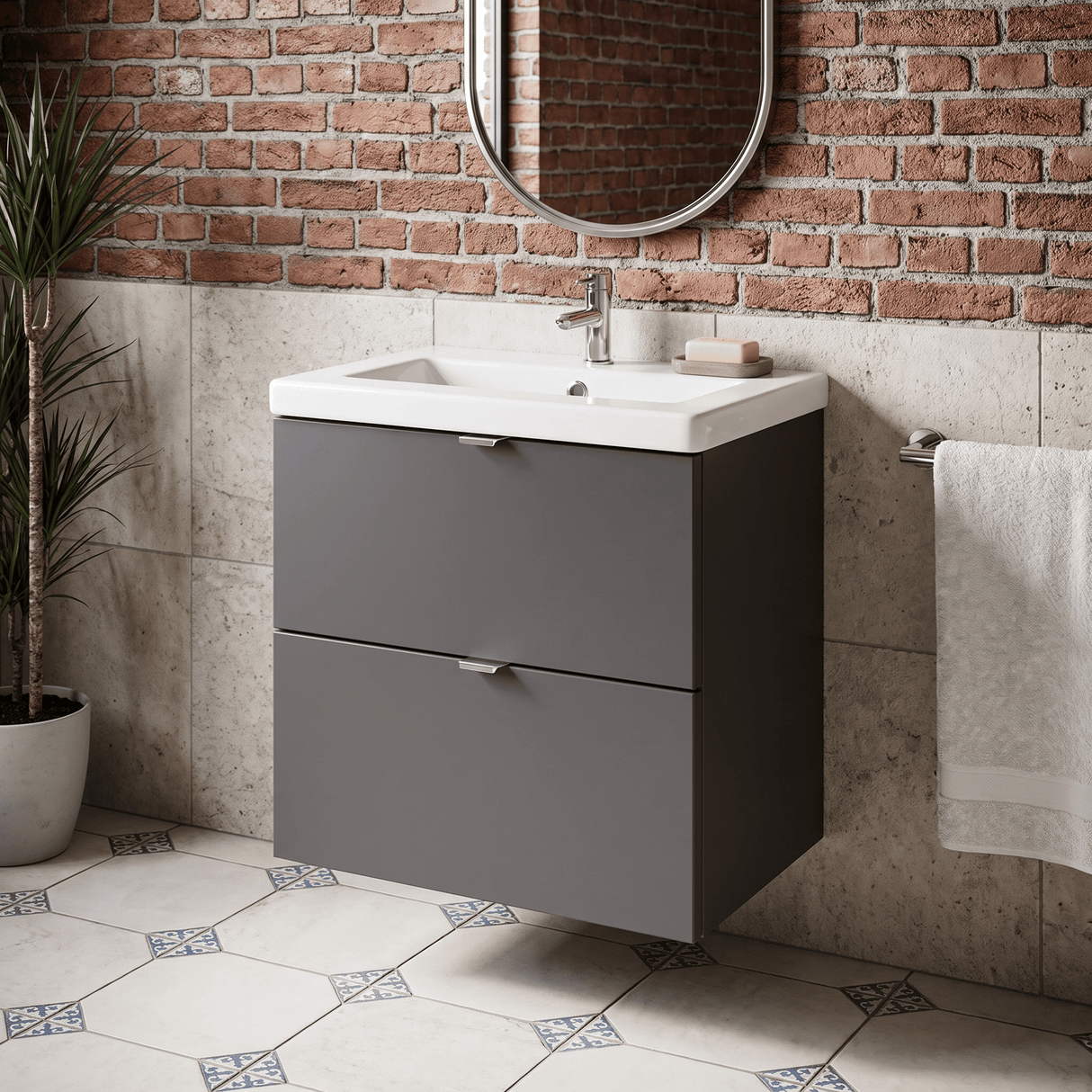 [BFDY941A] Alrewas Contemporary 2 Drawer Wall Hung Vanity Unit with Ceramic Basin, 500mm, Choice of Colour