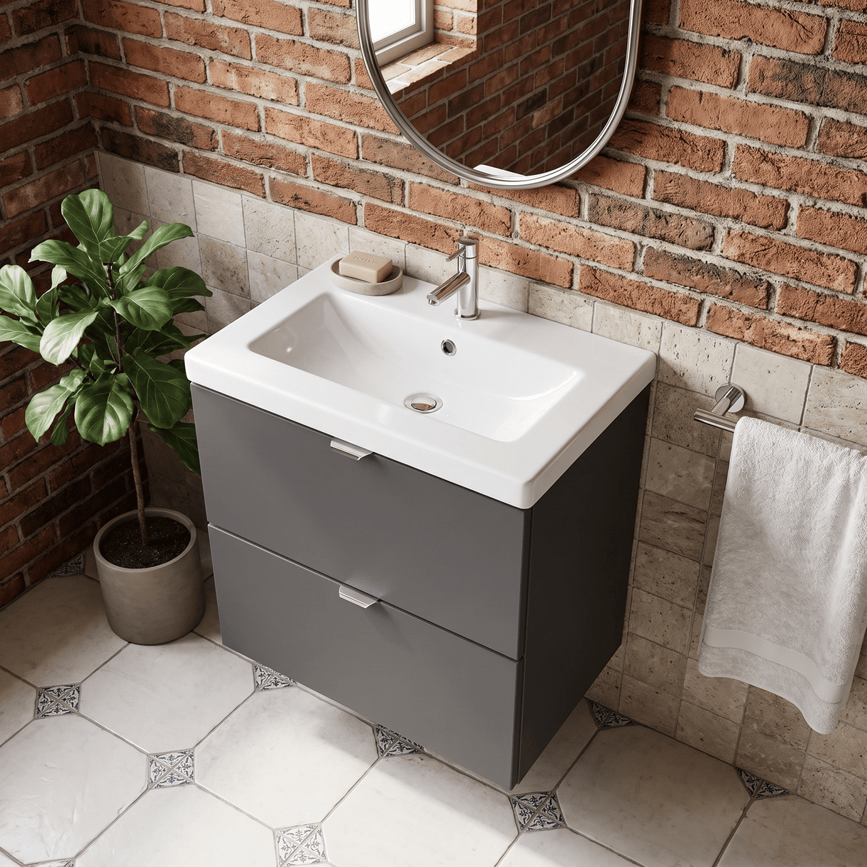 [BFDY941A] Alrewas Contemporary 2 Drawer Wall Hung Vanity Unit with Ceramic Basin, 500mm, Choice of Colour
