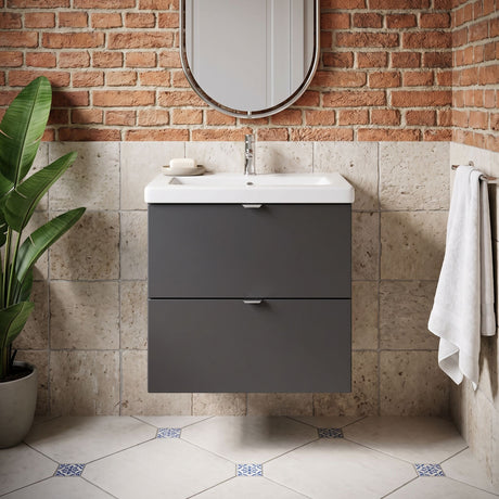 [BFDY941A] Alrewas Contemporary 2 Drawer Wall Hung Vanity Unit with Ceramic Basin, 500mm, Choice of Colour - Silo