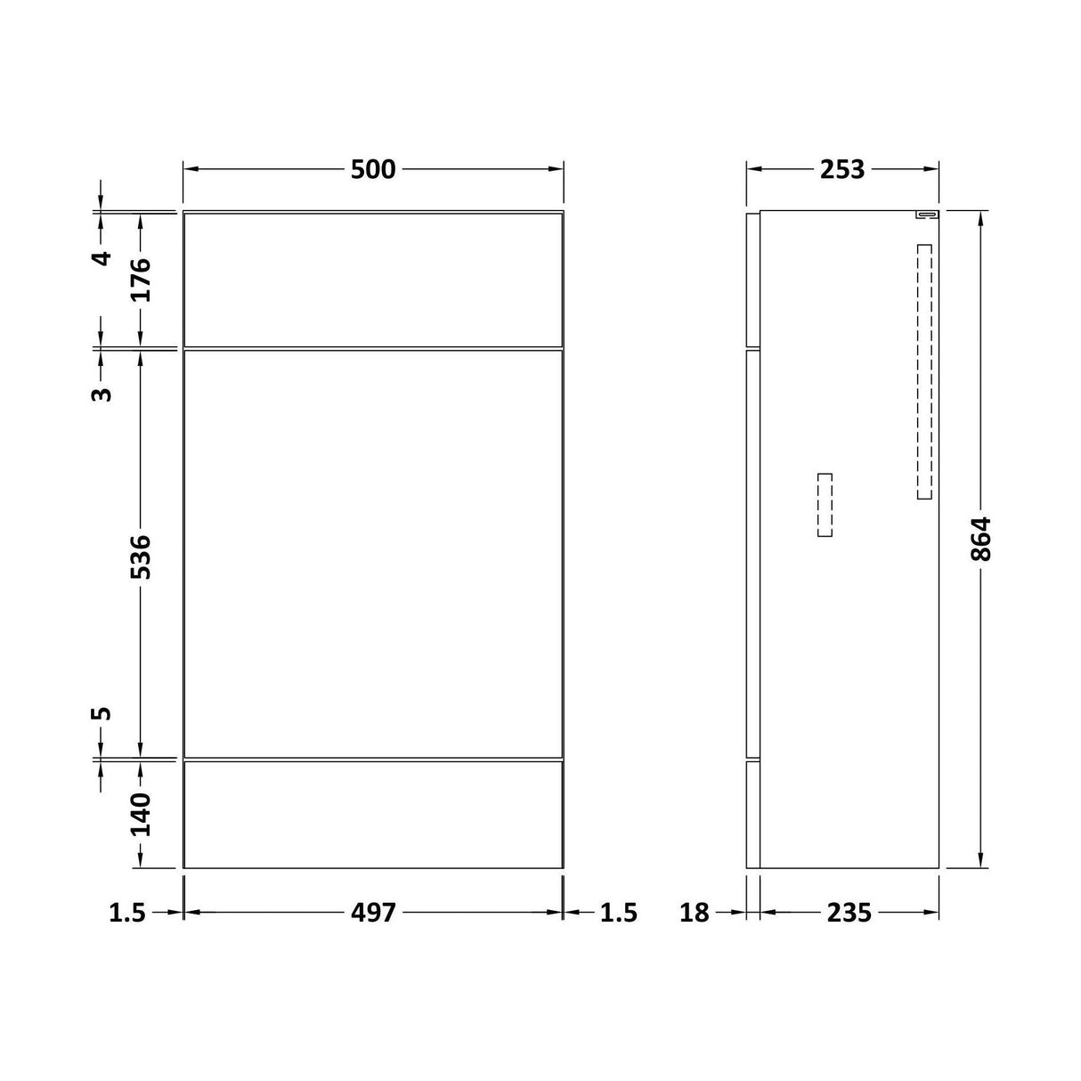 [BFDY945] 500 WC Unit (255mm Deep) - Technical Drawing