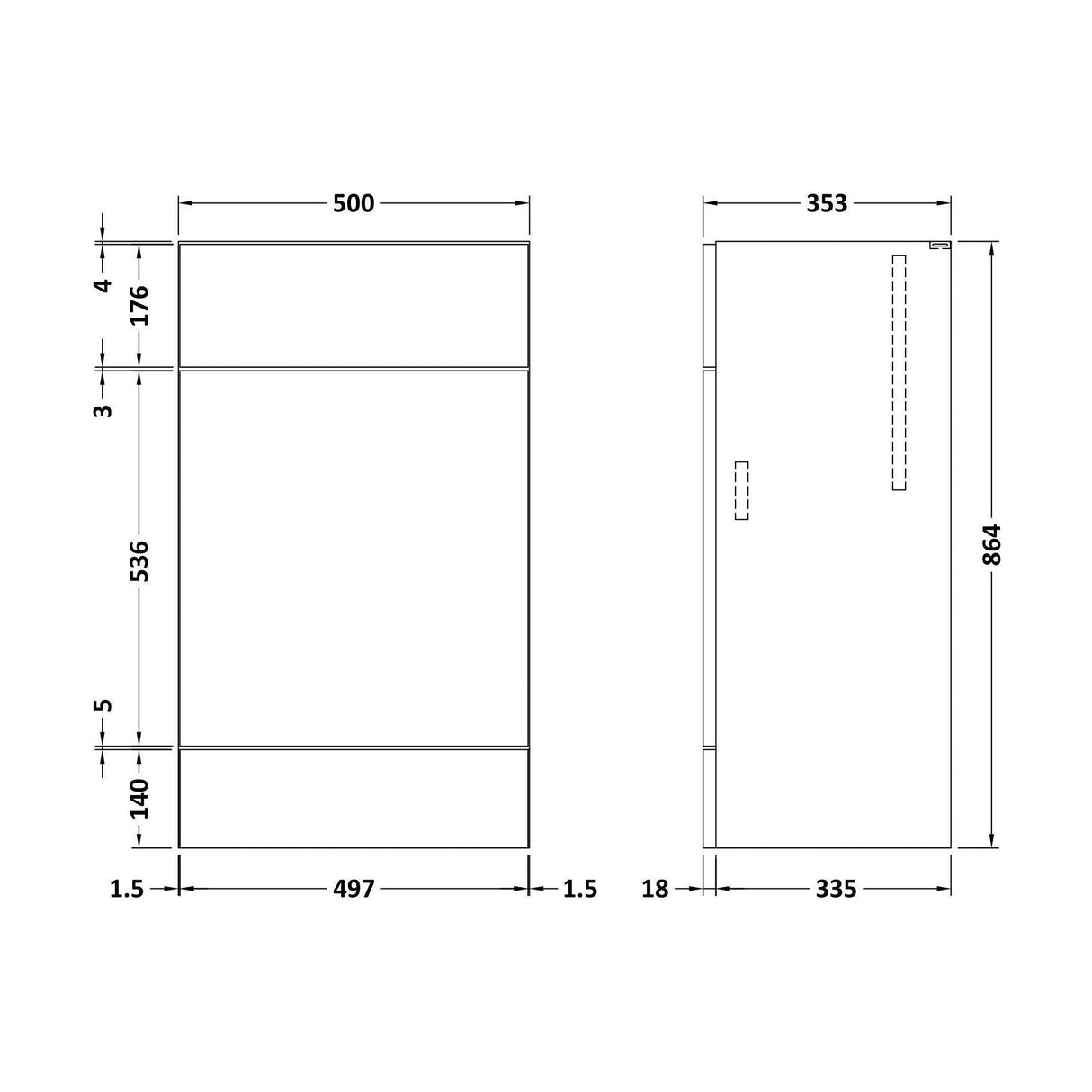 [BFDY946] 500 WC Unit (355mm Deep) - Technical Drawing