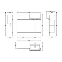 [BFDY949] Alrewas Contemporary Floor Standing Vanity WC Combination Unit with Semi-Recessed Basin, Right Hand, 1000mm, Choice of Colour - Technical Drawing