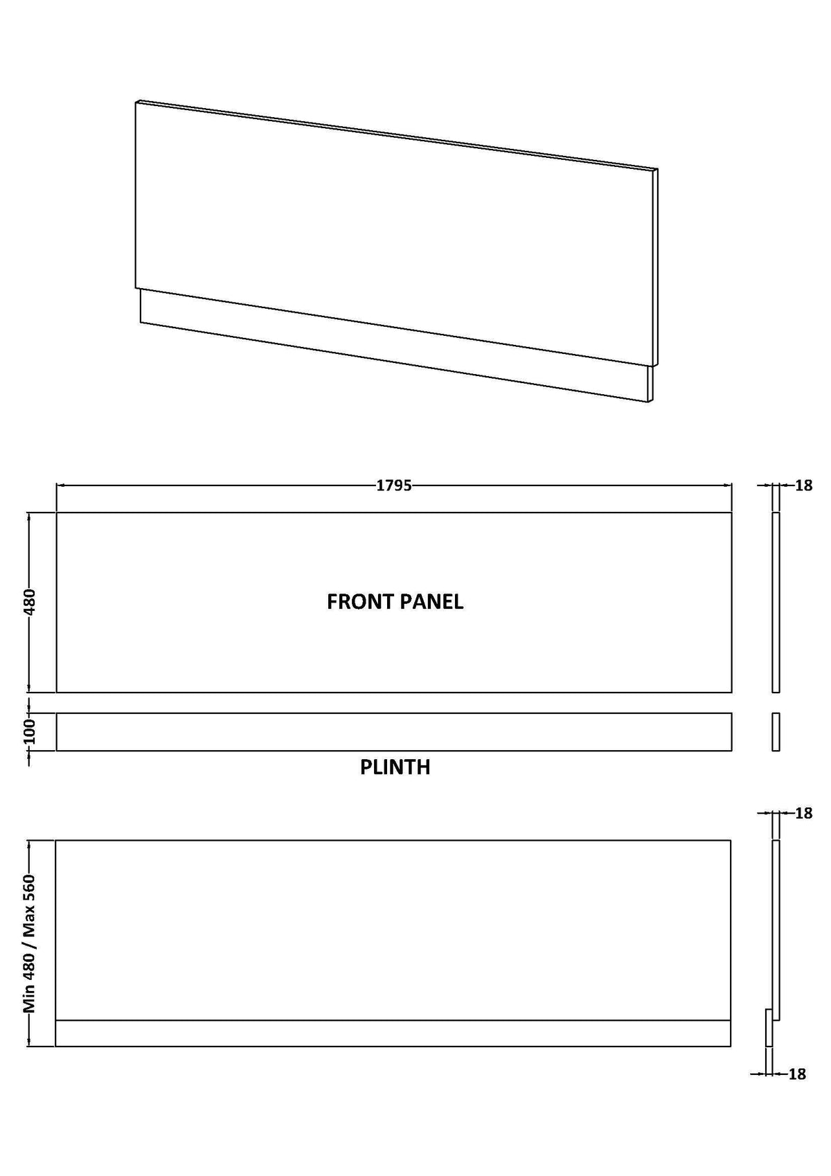[BFDY978] Gloss Grey Bath Front Panel, Choice of Size - Technical Drawing