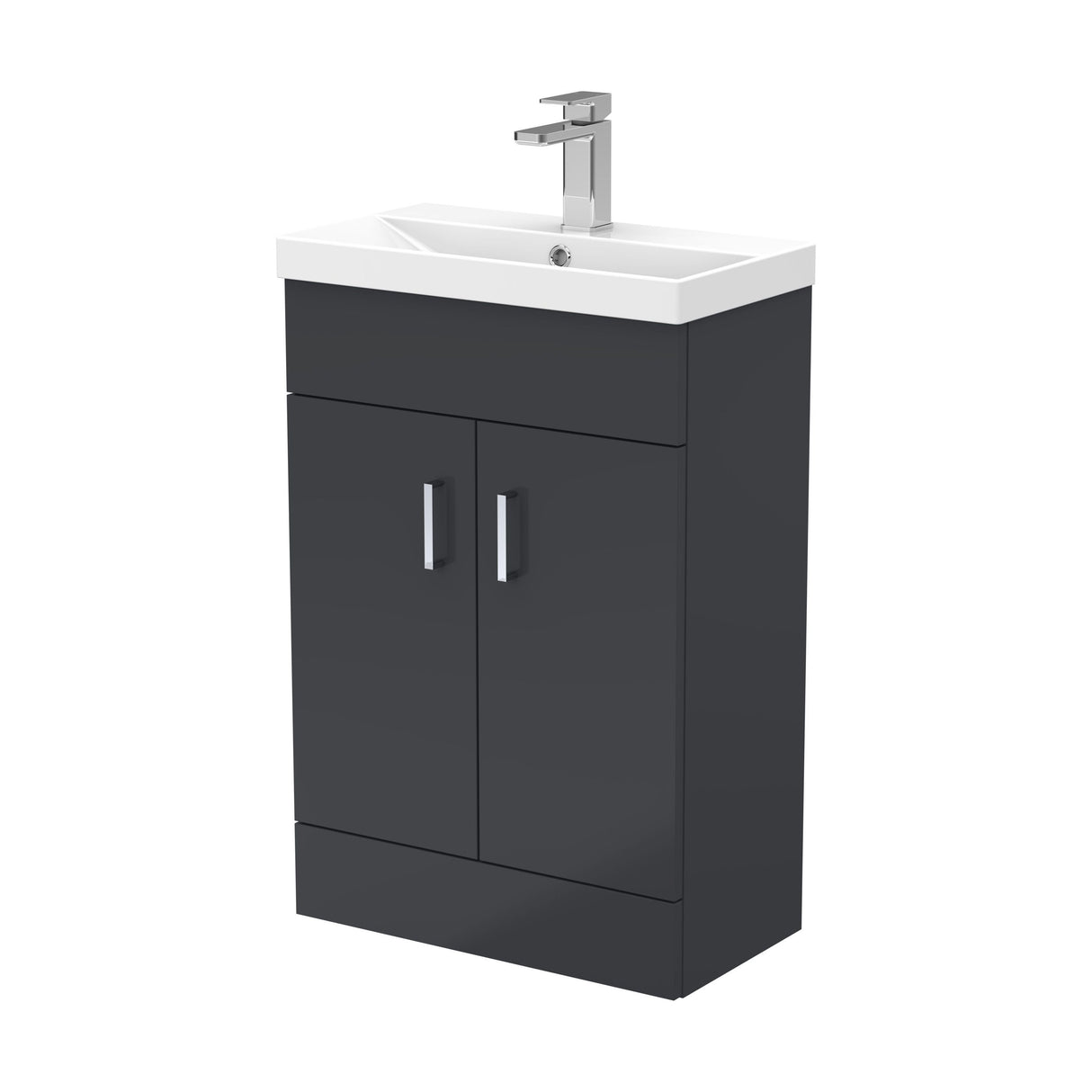 [BFE1455] Satin Dark Grey Compact Floor Standing Bathroom Vanity Basin Unit with Ceramic Basin & 2 Soft-Close Doors - 550mm - Cutout