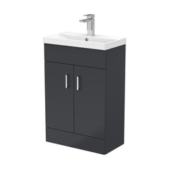 [BFE1455] Satin Dark Grey Compact Floor Standing Bathroom Vanity Basin Unit with Ceramic Basin & 2 Soft-Close Doors - 550mm - Cutout