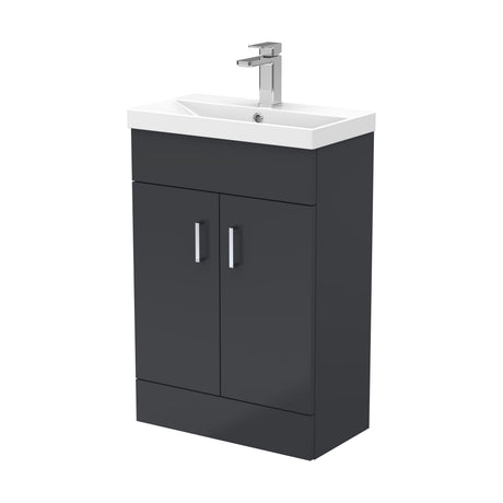 [BFE1455] Satin Dark Grey Compact Floor Standing Bathroom Vanity Basin Unit with Ceramic Basin & 2 Soft-Close Doors - 550mm - Cutout