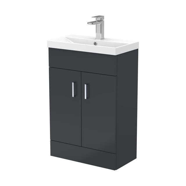 [BFE1455] Satin Dark Grey Compact Floor Standing Bathroom Vanity Basin Unit with Ceramic Basin & 2 Soft-Close Doors - 550mm - Cutout