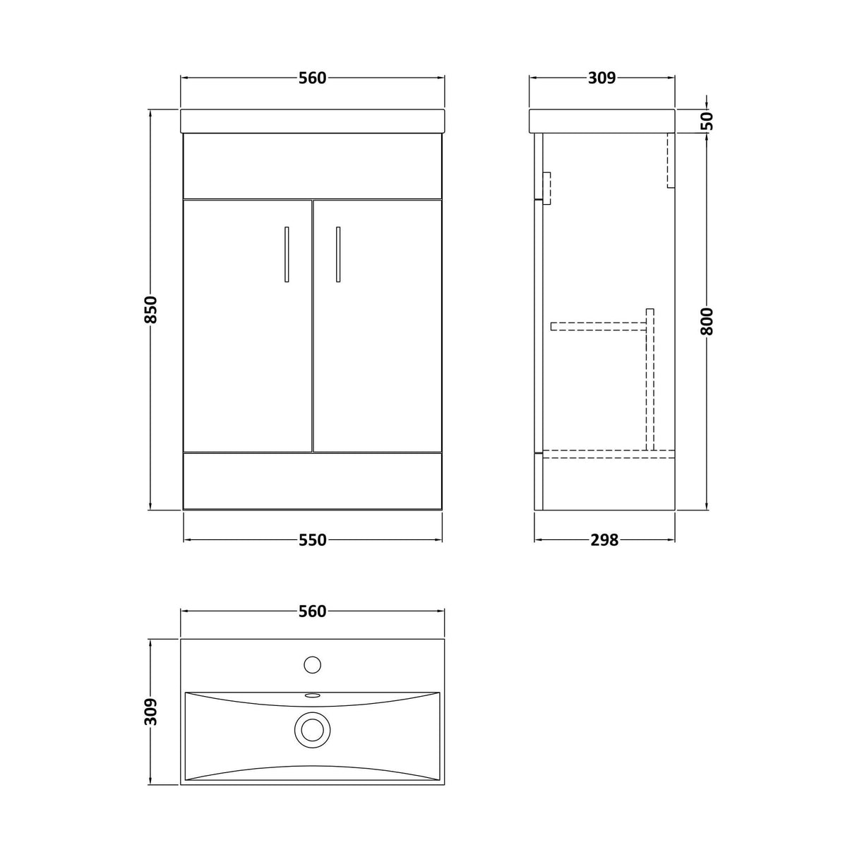 [BFE1455] Satin Dark Grey Compact Floor Standing Bathroom Vanity Basin Unit with Ceramic Basin & 2 Soft-Close Doors - 550mm - Technical Drawing