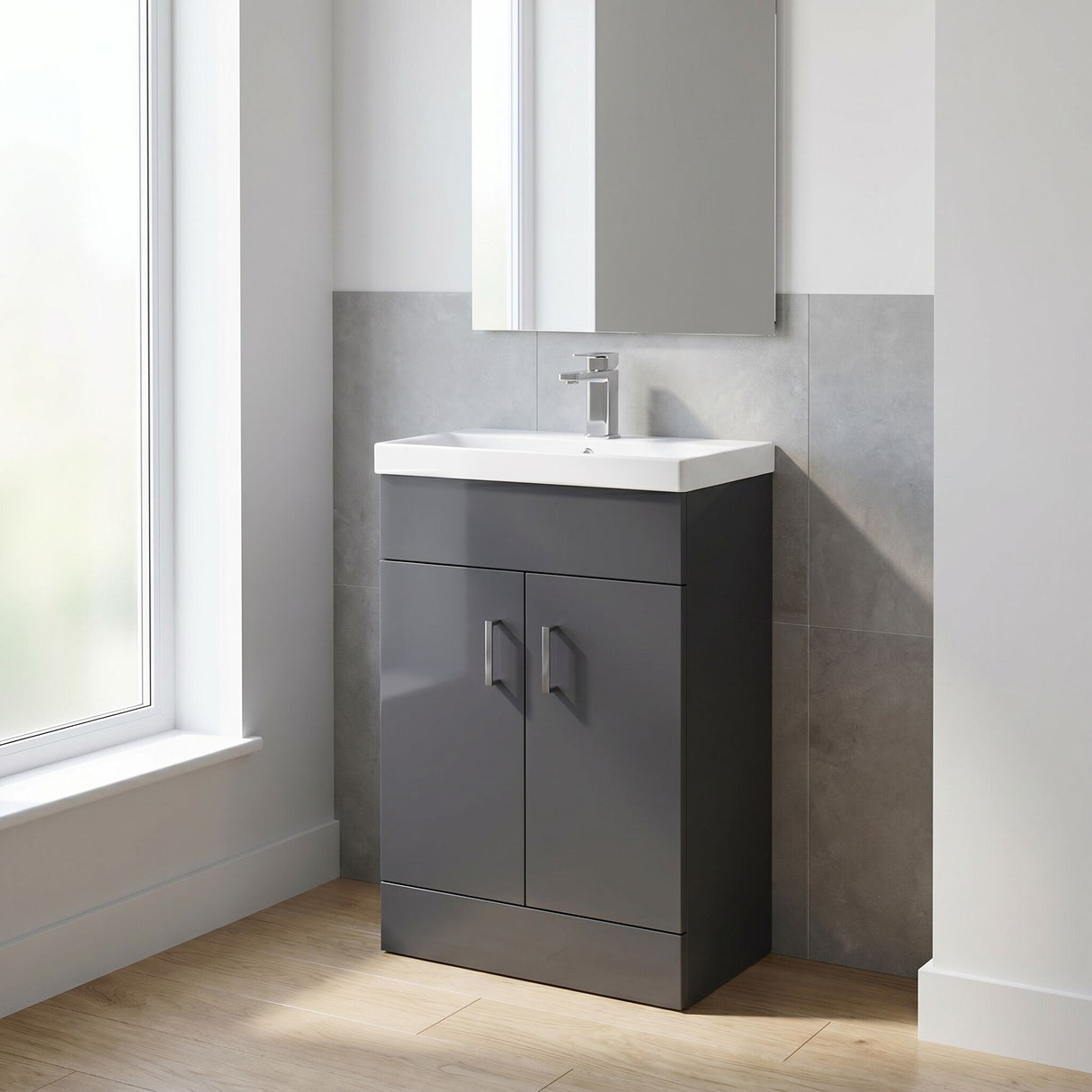 [BFE1455] Satin Dark Grey Compact Floor Standing Bathroom Vanity Basin Unit with Ceramic Basin & 2 Soft-Close Doors - 550mm - Lifestyle 1