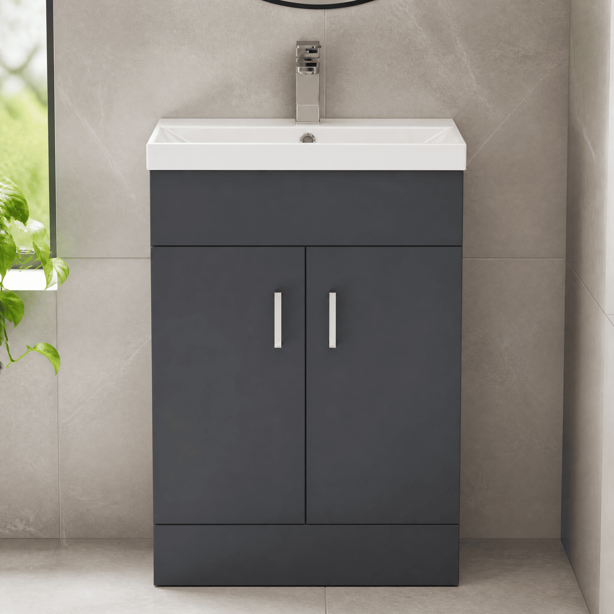 [BFE1455] Satin Dark Grey Compact Floor Standing Bathroom Vanity Basin Unit with Ceramic Basin & 2 Soft-Close Doors - 550mm - Lifestyle 2