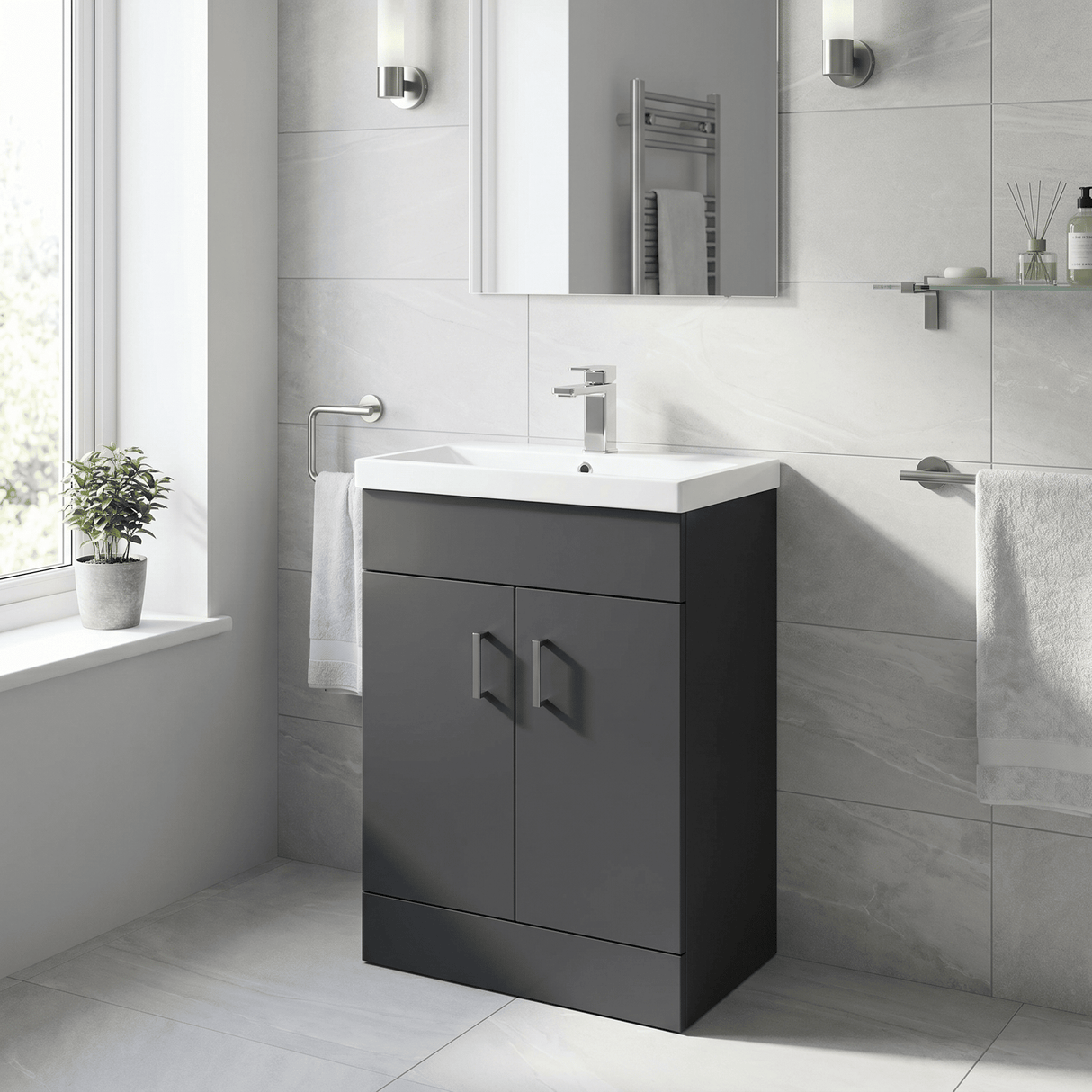 [BFE1455] Satin Dark Grey Compact Floor Standing Bathroom Vanity Basin Unit with Ceramic Basin & 2 Soft-Close Doors - 550mm - Lifestyle 3