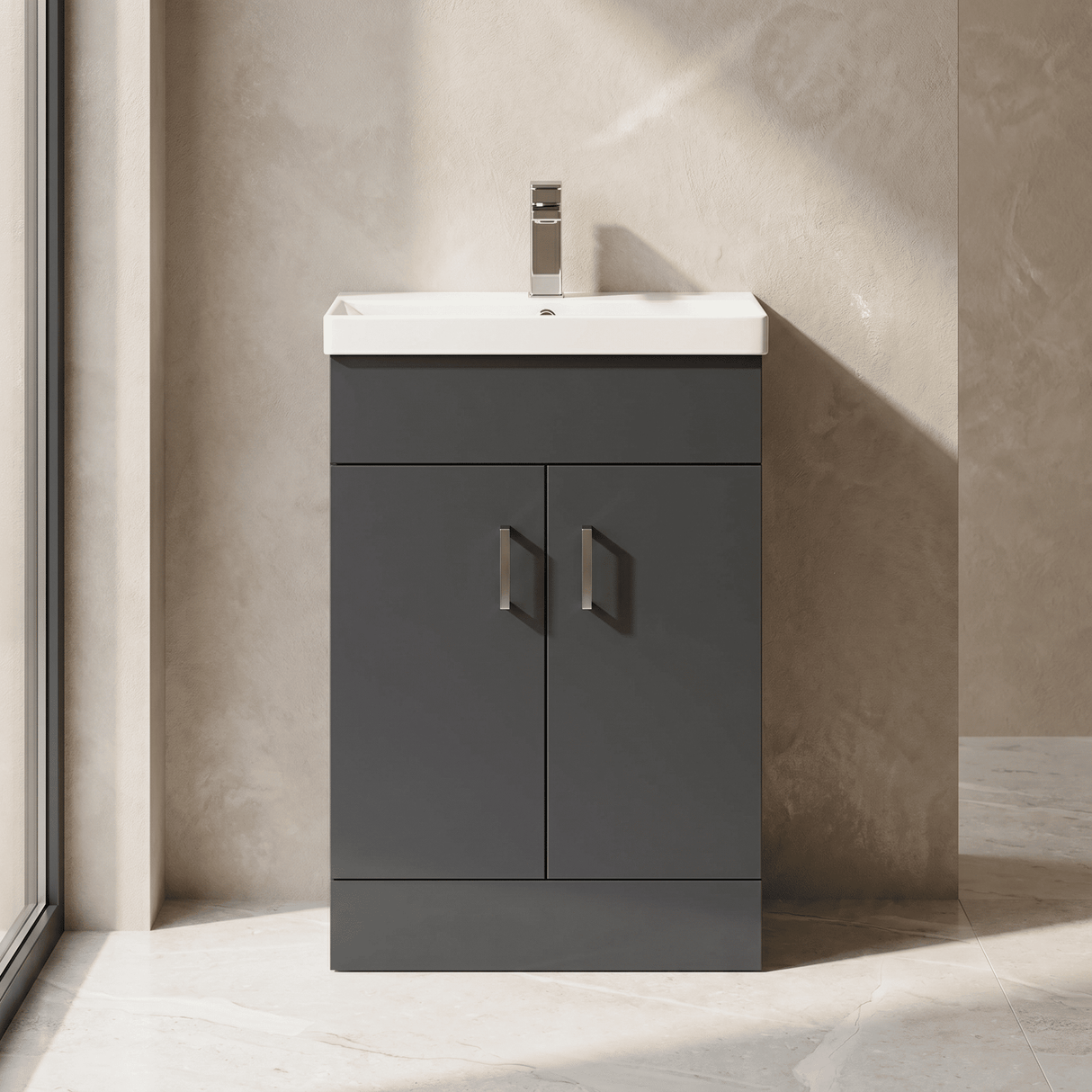 [BFE1455] Satin Dark Grey Compact Floor Standing Bathroom Vanity Basin Unit with Ceramic Basin & 2 Soft-Close Doors - 550mm - Silo
