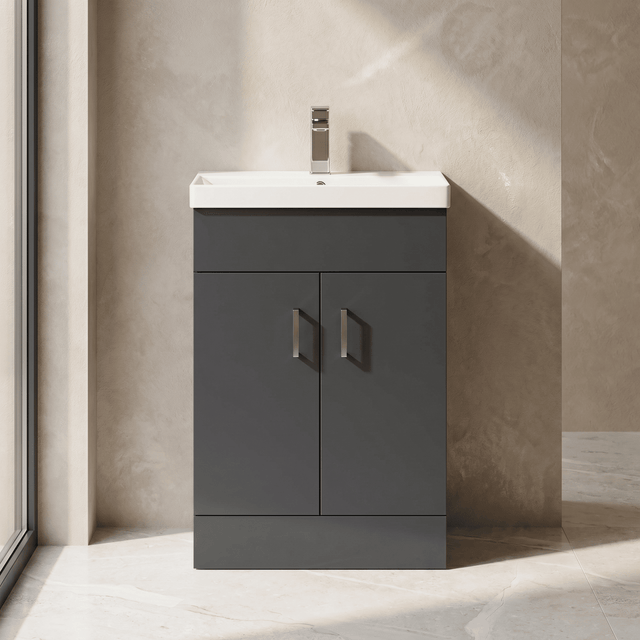 [BFE1455] Satin Dark Grey Compact Floor Standing Bathroom Vanity Basin Unit with Ceramic Basin & 2 Soft-Close Doors - 550mm - Silo