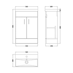 [BFE155] Satin Dark Grey Compact Floor Standing Bathroom Vanity Basin Unit with Ceramic Basin & 2 Soft-Close Doors - 550mm - Technical Drawing