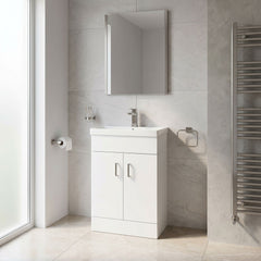 [BFE155] Satin Dark Grey Compact Floor Standing Bathroom Vanity Basin Unit with Ceramic Basin & 2 Soft-Close Doors - 550mm - Lifestyle 1