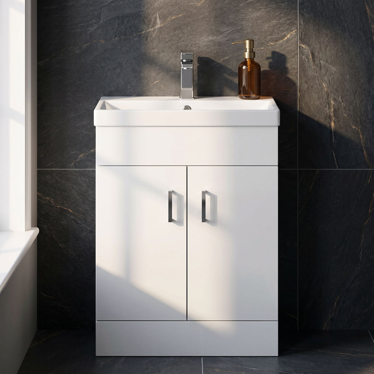 [BFE155] Satin Dark Grey Compact Floor Standing Bathroom Vanity Basin Unit with Ceramic Basin & 2 Soft-Close Doors - 550mm - Silo