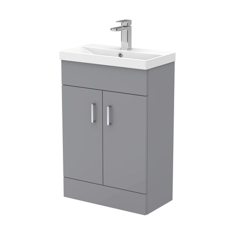 [BFE255] Satin Dark Grey Compact Floor Standing Bathroom Vanity Basin Unit with Ceramic Basin & 2 Soft-Close Doors - 550mm - Cutout