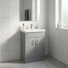 [BFE255] Satin Dark Grey Compact Floor Standing Bathroom Vanity Basin Unit with Ceramic Basin & 2 Soft-Close Doors - 550mm - Lifestyle 1