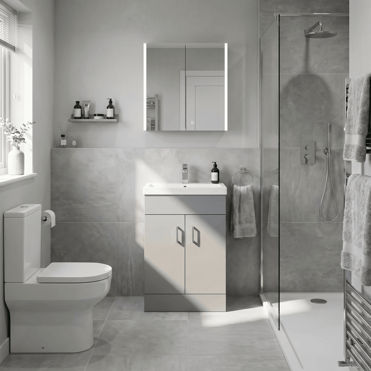 [BFE255] Satin Dark Grey Compact Floor Standing Bathroom Vanity Basin Unit with Ceramic Basin & 2 Soft-Close Doors - 550mm - Lifestyle 3