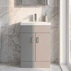 [BFE255] Satin Dark Grey Compact Floor Standing Bathroom Vanity Basin Unit with Ceramic Basin & 2 Soft-Close Doors - 550mm - Silo