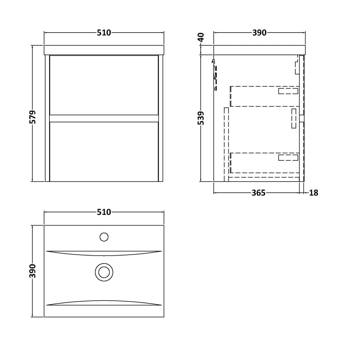 [BFED2202A] Square Wall Hung 2 Drawer Vanity Unit & Ceramic Basin, 500mm - Woodgrain Graphite Grey - Technical Drawing