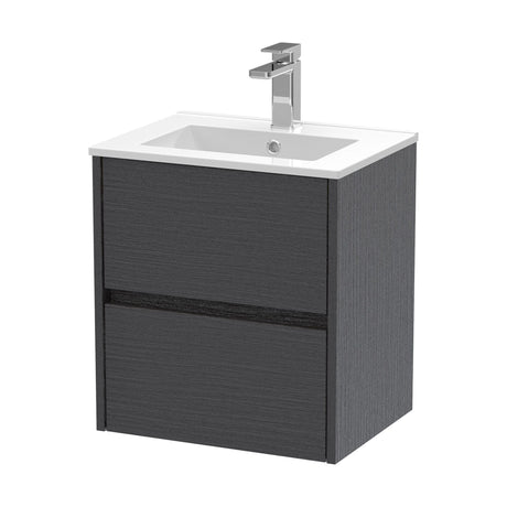 [BFED2202B] Chartley Contemporary 2 Drawer Wall Hung Vanity Unit with Minimalist Basin, Graphite Grey Woodgrain, 500mm - Cutout