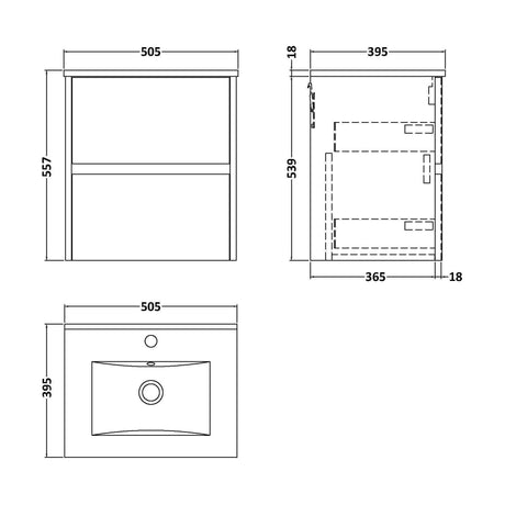 [BFED2202B] Chartley Contemporary 2 Drawer Wall Hung Vanity Unit with Minimalist Basin, Graphite Grey Woodgrain, 500mm - Technical Drawing
