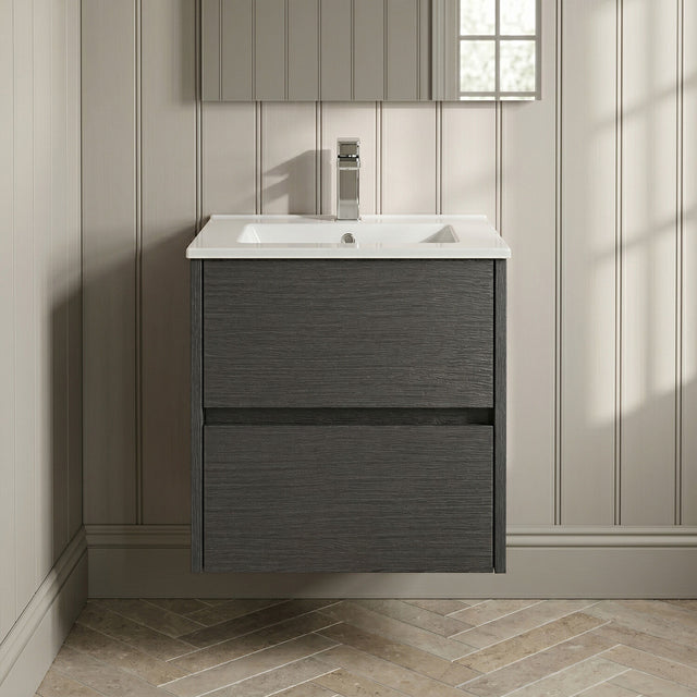 [BFED2202B] Chartley Contemporary 2 Drawer Wall Hung Vanity Unit with Minimalist Basin, Choice of Size and Colour - Silo