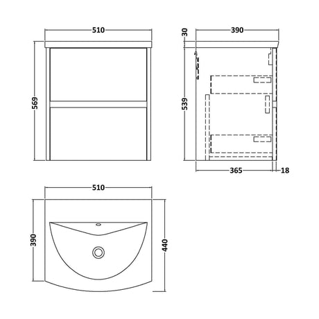 [BFED2202G] Chartley Contemporary 2 Drawer Wall Hung Vanity Unit with Curved Basin, Graphite Grey Woodgrain, 500mm - Technical Drawing