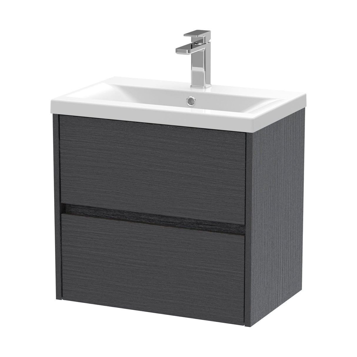 [BFED2204A] Square Wall Hung 2 Drawer Vanity Unit & Ceramic Basin, 600mm - Woodgrain Graphite Grey - Cutout