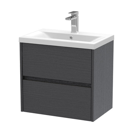 [BFED2204A] Square Wall Hung 2 Drawer Vanity Unit & Ceramic Basin, 600mm - Woodgrain Graphite Grey - Cutout