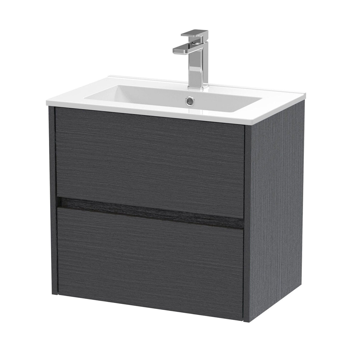 [BFED2204B] Chartley Contemporary 2 Drawer Wall Hung Vanity Unit with Minimalist Basin, Graphite Grey Woodgrain, 600mm - Cutout