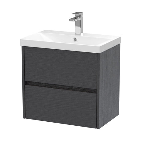 [BFED2204D] Chartley Contemporary 2 Drawer Wall Hung Vanity Unit with Thin Edge Basin, Graphite Grey Woodgrain, 600mm - Cutout