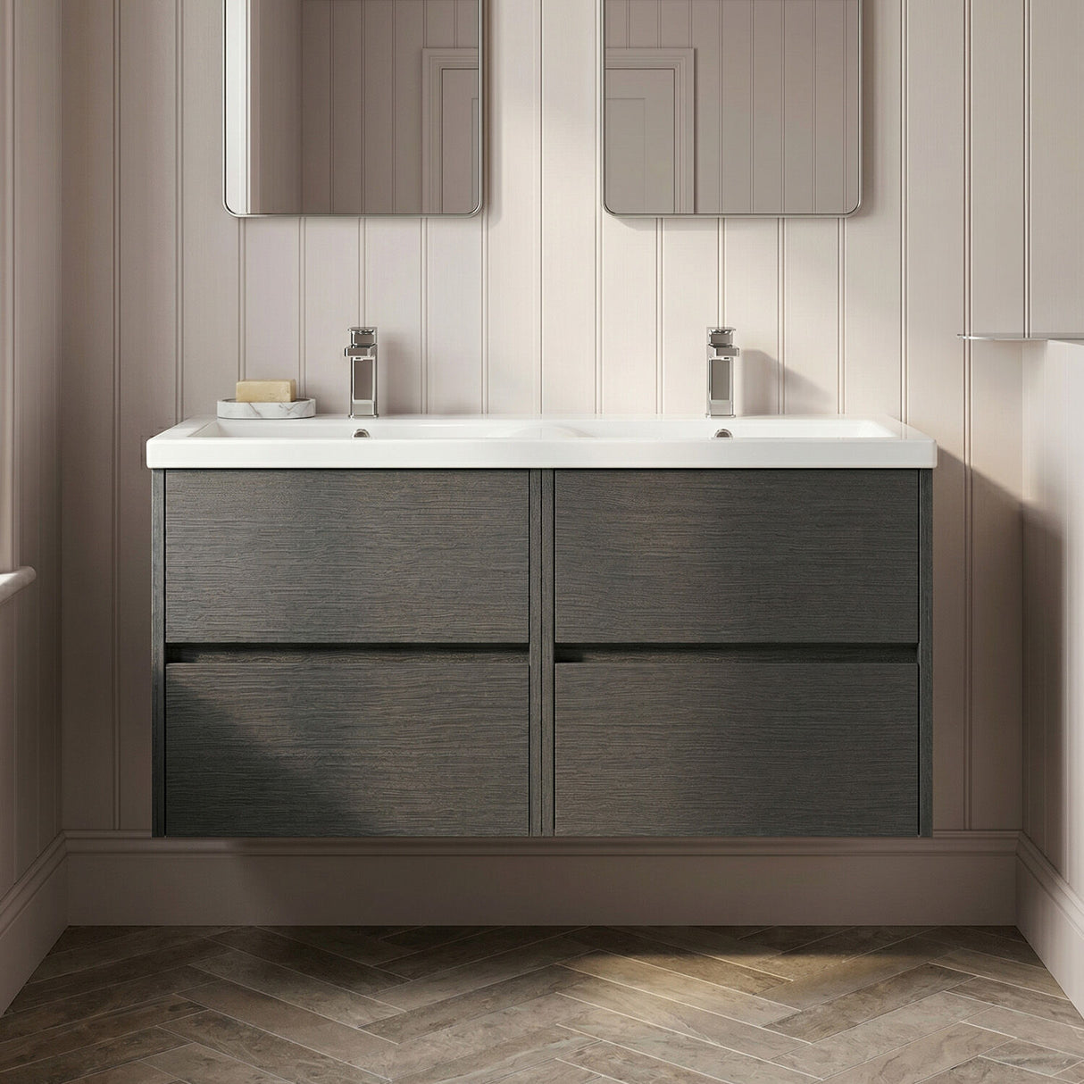 [BFED2204F] Chartley Contemporary 4 Drawer Wall Hung Vanity Unit with Double Basin, 1200mm, Choice of Colour - Silo
