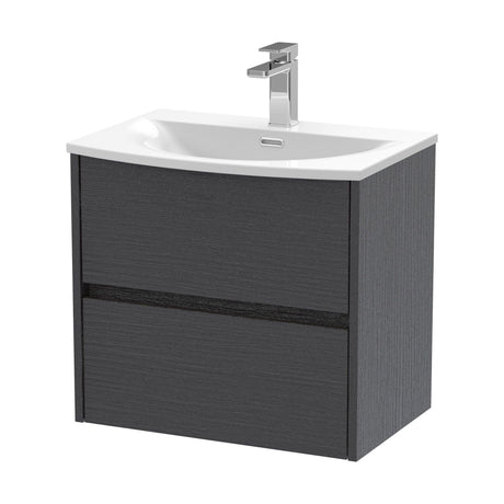 [BFED2204G] Chartley Contemporary 2 Drawer Wall Hung Vanity Unit with Curved Basin, Graphite Grey Woodgrain, 600mm - Cutout