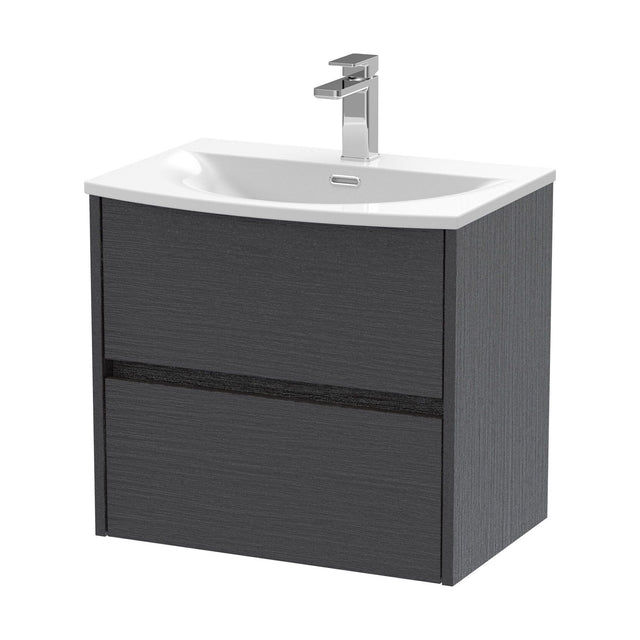 [BFED2204G] Chartley Contemporary 2 Drawer Wall Hung Vanity Unit with Curved Basin, Graphite Grey Woodgrain, 600mm - Cutout