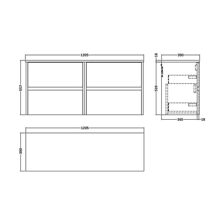 [BFED2204W2] Chartley Contemporary 4 Drawer Handleless Wall Hung Vanity Unit with Worktop, Graphite Grey Woodgrain, 1205mm - Technical Drawing