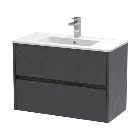 [BFED2206B] Chartley Contemporary 2 Drawer Wall Hung Vanity Unit with Minimalist Basin, Graphite Grey Woodgrain, 800mm - Cutout