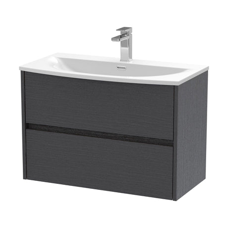[BFED2206G] Chartley Contemporary 2 Drawer Wall Hung Vanity Unit with Curved Basin, Graphite Grey Woodgrain, 800mm - Cutout