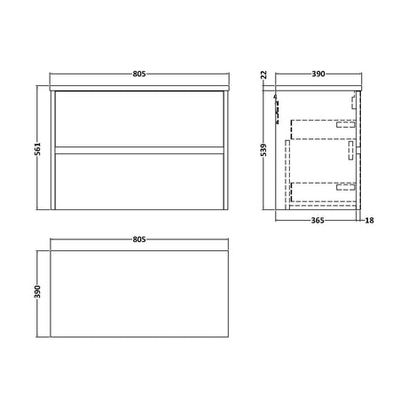 [BFED2206LCM] Chartley Contemporary 2 Drawer Wall Hung Vanity Unit with Laminate Worktop, Graphite Grey Woodgrain, 800mm - Technical Drawing